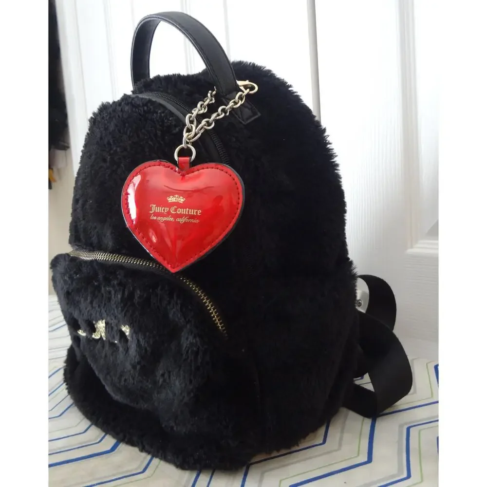 Juicy Couture Back Faux Fur Mini Small Backpack Red Heart Charm Gold Rhinestones
